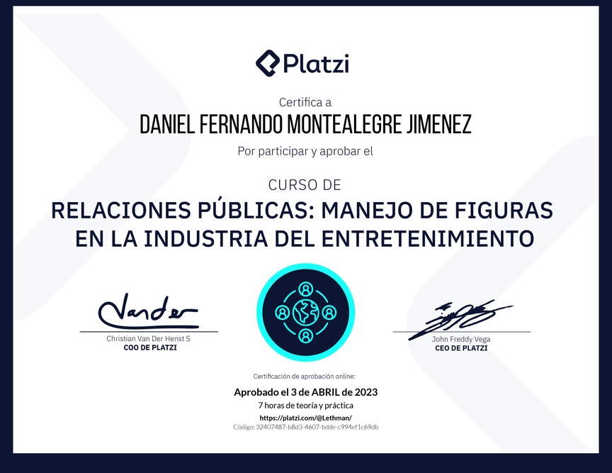 Diploma del Curso de Relaciones Públicas: Manejo de Figuras en la Industria del Entretenimiento