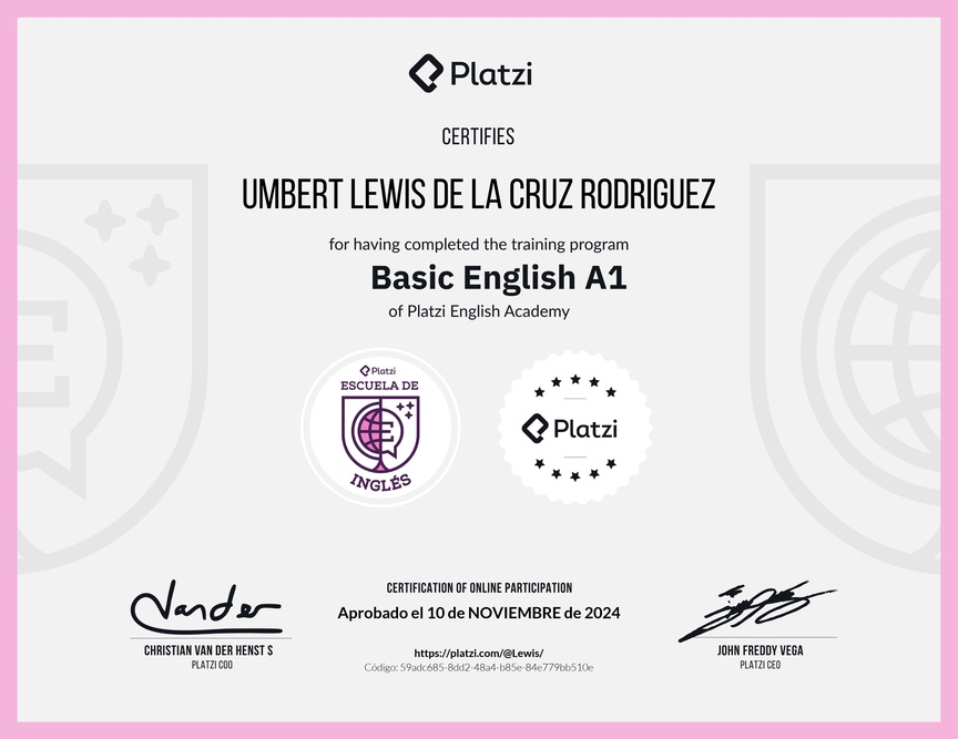 Diploma de la Ruta de Aprendizaje de Inglés Básico A1