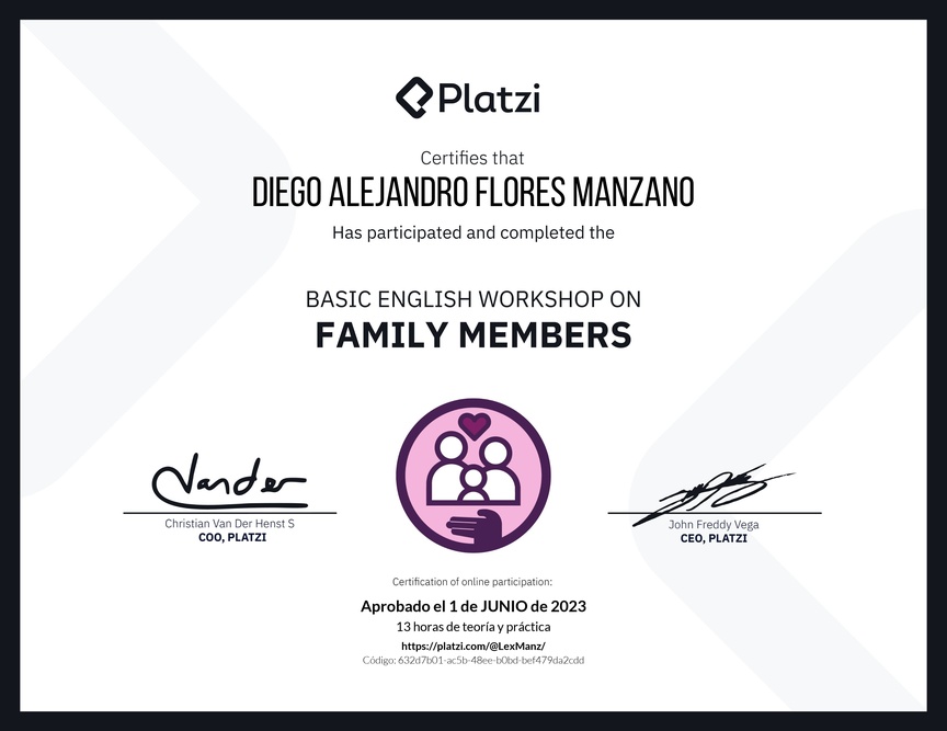 Diploma del Curso de Inglés Práctico sobre los Miembros de la Familia