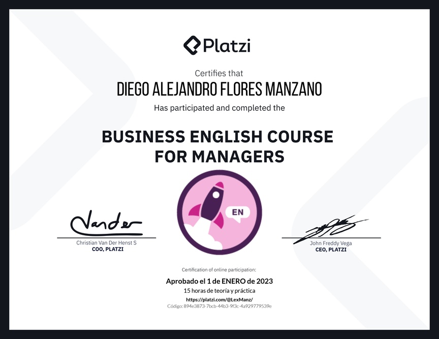 Diploma del Curso de Inglés de Negocios para Managers