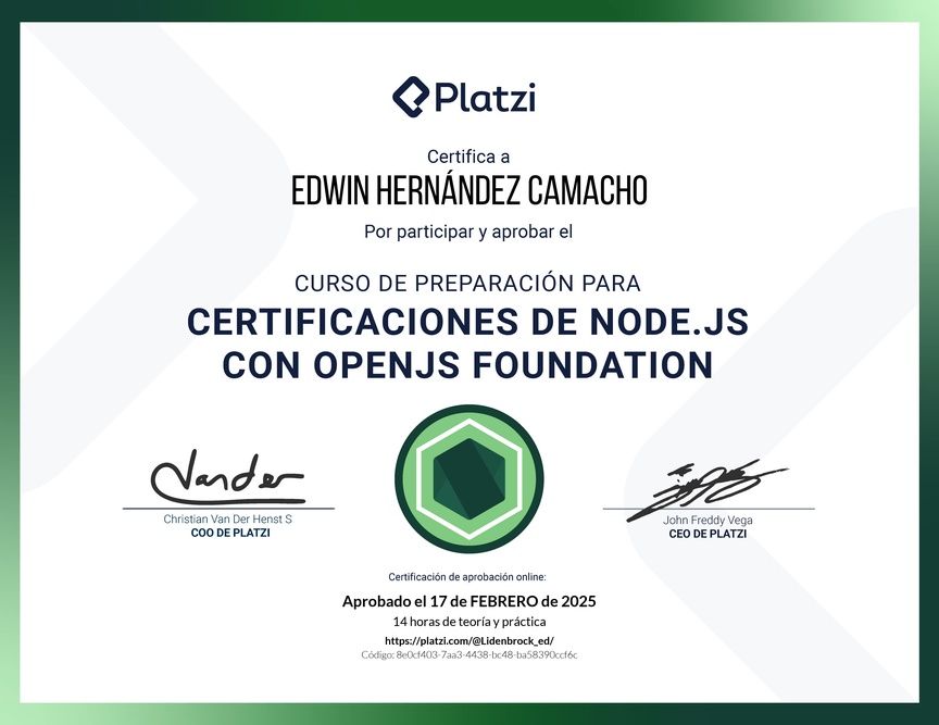 Diploma del Curso para Certificacion de Node.js con OpenJS Foundation 2023