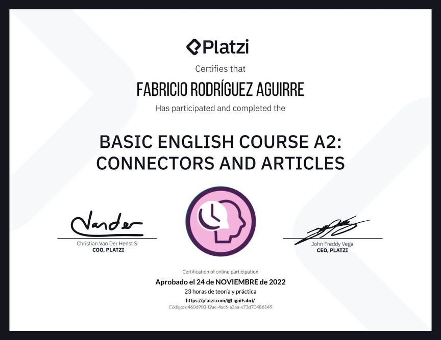 Diploma del Curso de Inglés Básico A2: Conectores y Artículos
