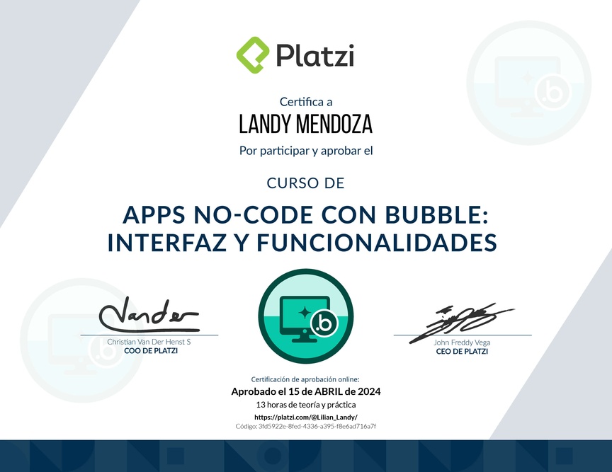 Diploma del Curso de Apps No-code con Bubble: Interfaz y Funcionalidades