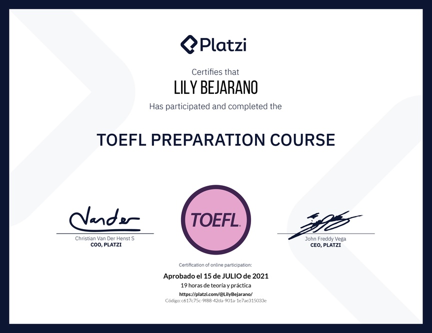 Diploma del Curso de Inglés para Preparación para TOEFL (2020)