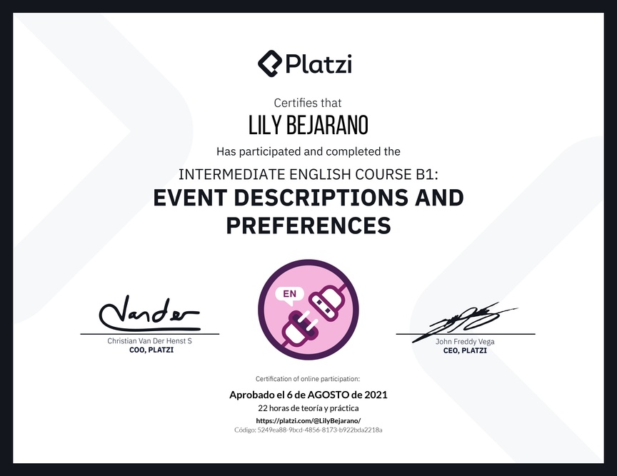 Diploma del Curso de Inglés Intermedio B1: Descripción de Eventos y Preferencias