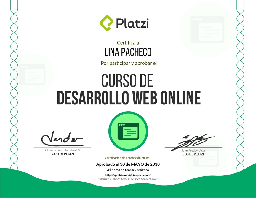 Diploma del Curso de Desarrollo Web Online 2016