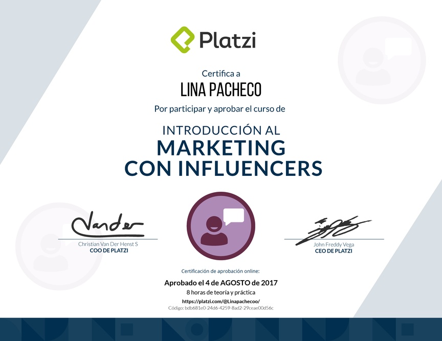 Diploma de Introducción al marketing con influencers 2017