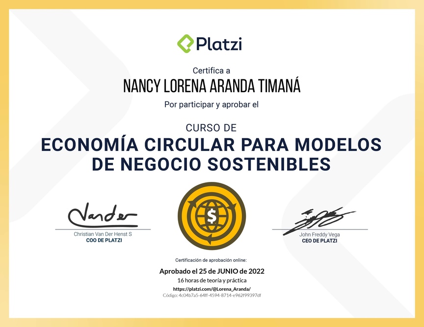 Diploma del Curso de Economía Circular para Modelos de Negocio Sostenibles