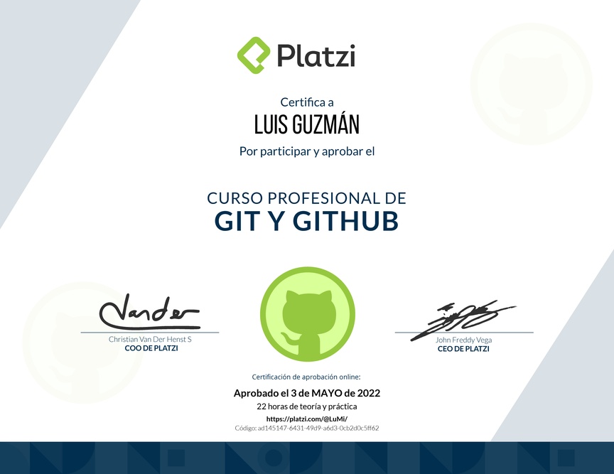 Diploma del Curso Profesional de Git y GitHub