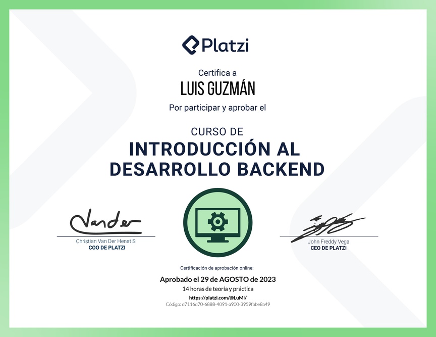 Diploma del Curso de Introducción al Desarrollo Backend