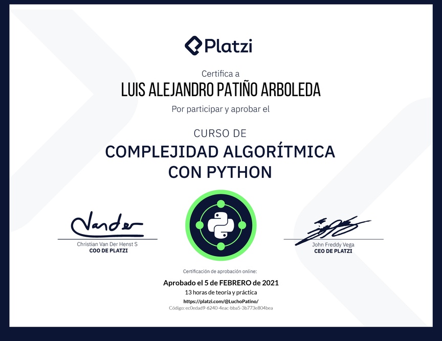 Diploma del Curso de Complejidad Algorítmica con Python