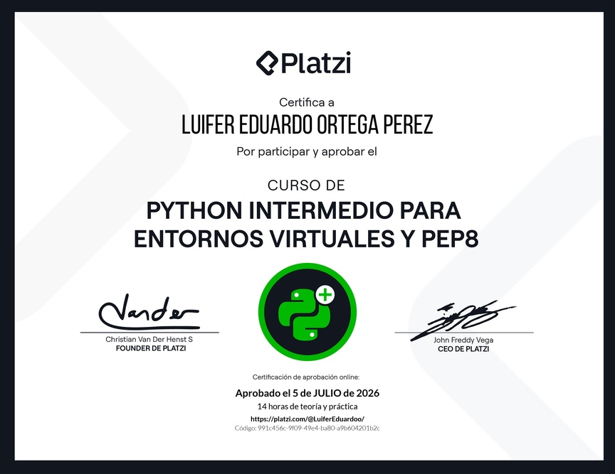 Diploma del Curso de Python Intermedio para Entornos virtuales y PEP8