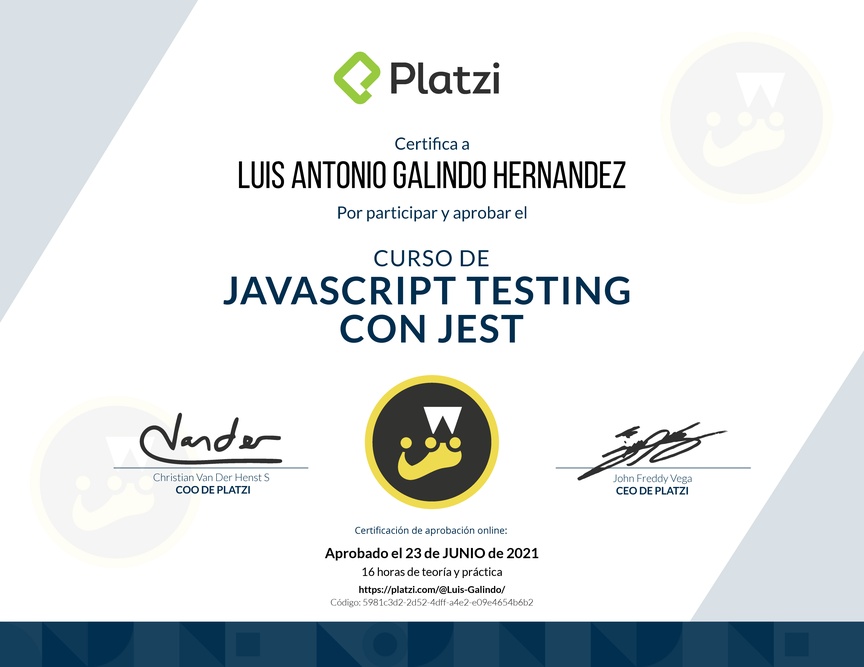 Diploma del Curso de JavaScript Testing con Jest 2019