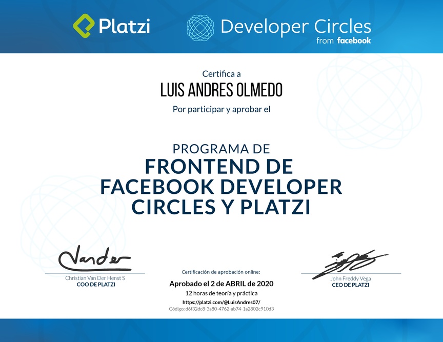 Diploma de Beca Facebook Developer Circles y Platzi