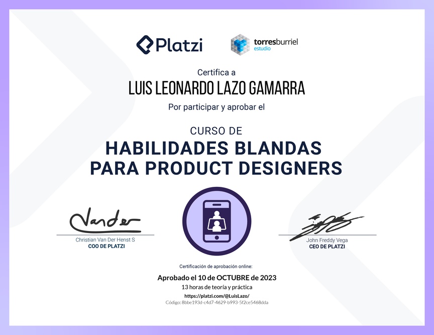 Diploma del Curso de Habilidades Blandas para Product Designers