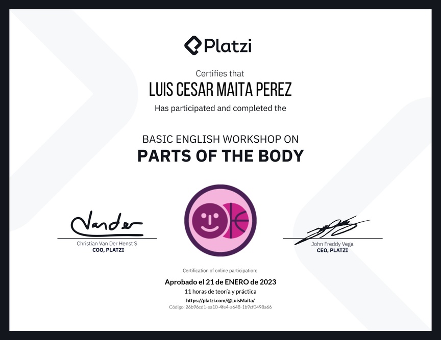 Diploma del Curso de Inglés Práctico sobre las Partes del Cuerpo