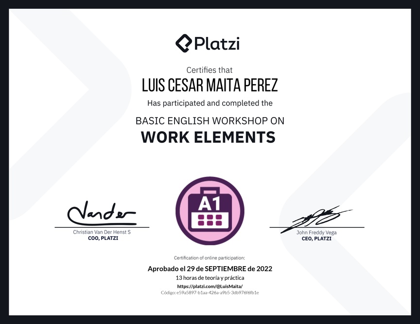 Diploma del Curso de Inglés Práctico sobre Elementos de Trabajo