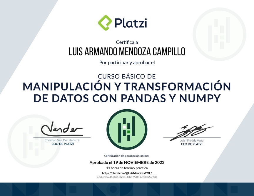 Diploma del Curso de Manipulación y Transformación de Datos con Pandas y NumPy