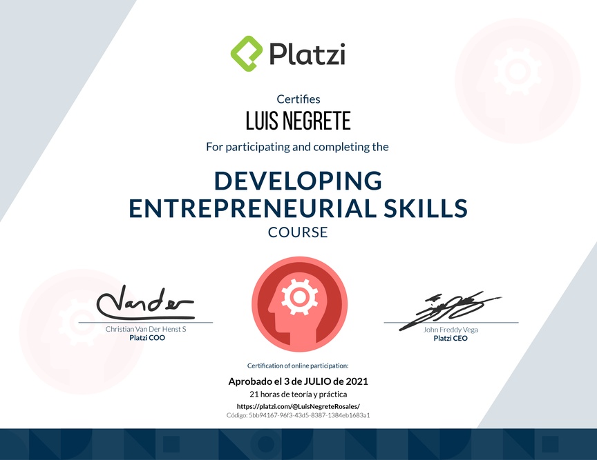 Diploma del Curso de Innovación para Emprendimiento