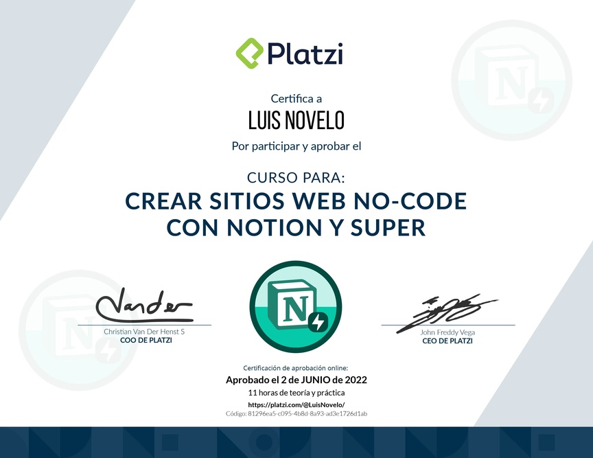 Diploma del Curso para Crear Sitios Web No-code con Notion y Super