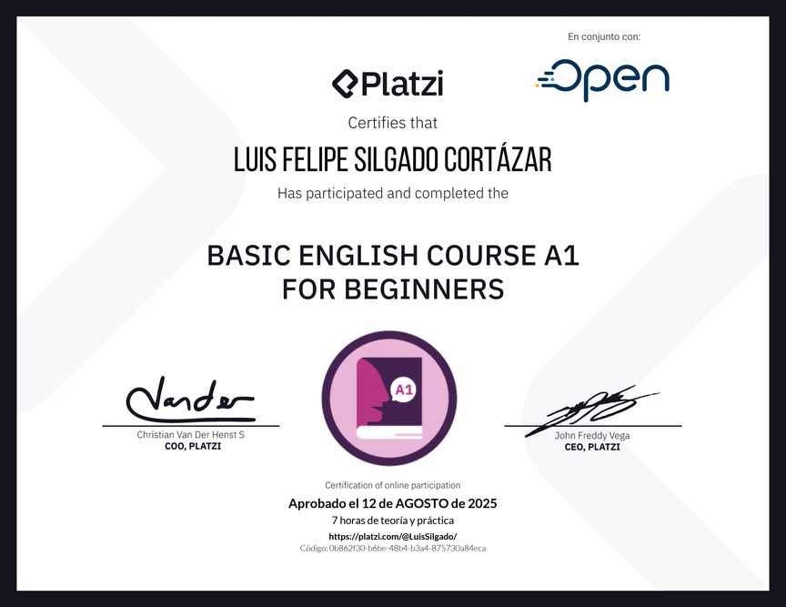 Diploma del Curso de Inglés Básico A1 para Principiantes