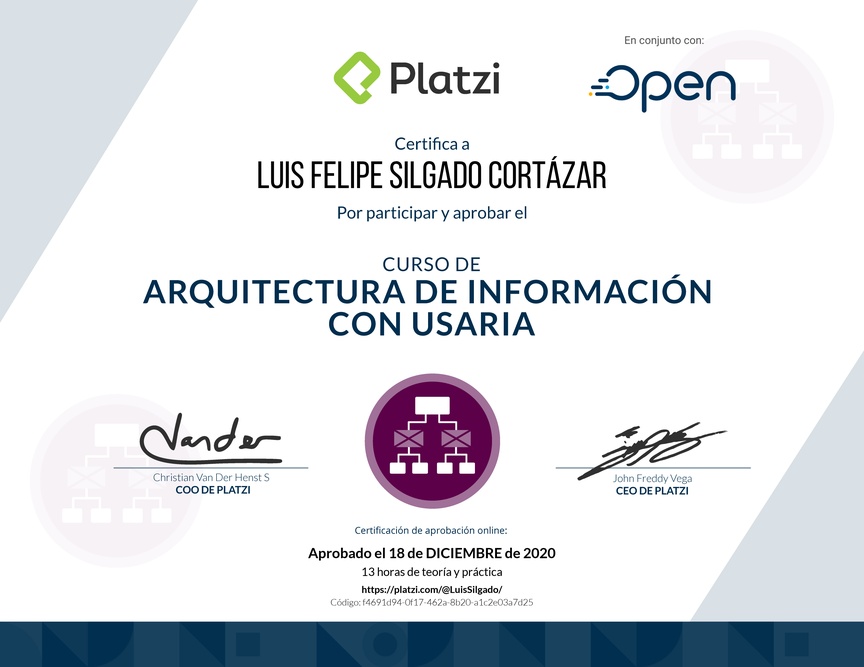 Diploma del Curso de Arquitectura de Información con Usaria