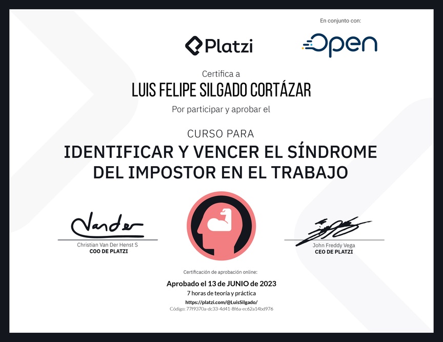 Diploma del Curso para Identificar y Vencer el Síndrome del Impostor
