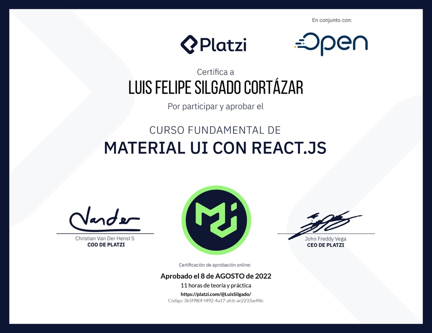 Diploma del Curso Fundamental de Material UI con React