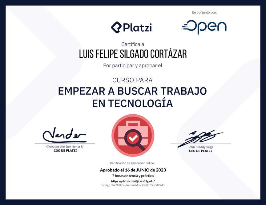 Diploma del Curso para Empezar a Buscar Trabajo en Tecnología
