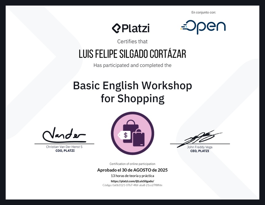 Diploma del Curso de Inglés Práctico para Compras