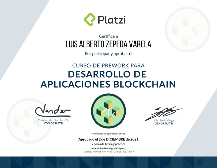 Diploma del Curso de Prework para Desarrollo de Aplicaciones Blockchain 2021