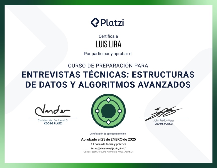 Diploma del Curso de Entrevistas Técnicas: Estructuras de Datos y Algoritmos Avanzados
