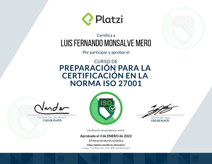 Diploma del Curso de Preparación para la Certificación en la Norma ISO 27001 (2020)