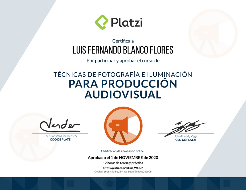Diploma del Curso de Iluminación y Fotografía para Producciones Audiovisuales