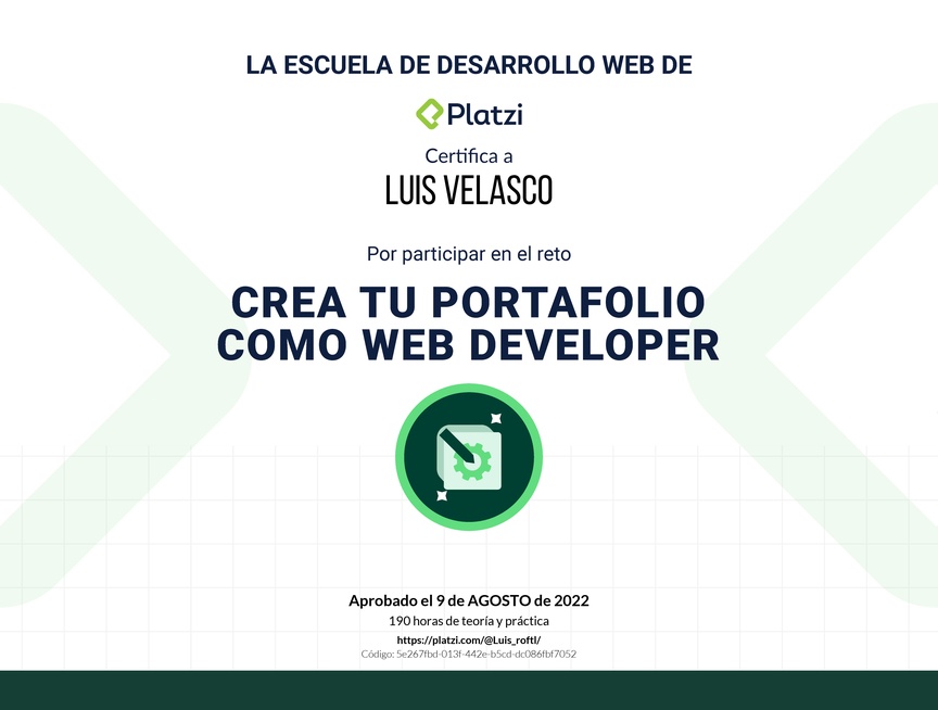 Diploma de Diploma del #PlatziChallenge: Crea tu Portafolio como Web Developer Profesional