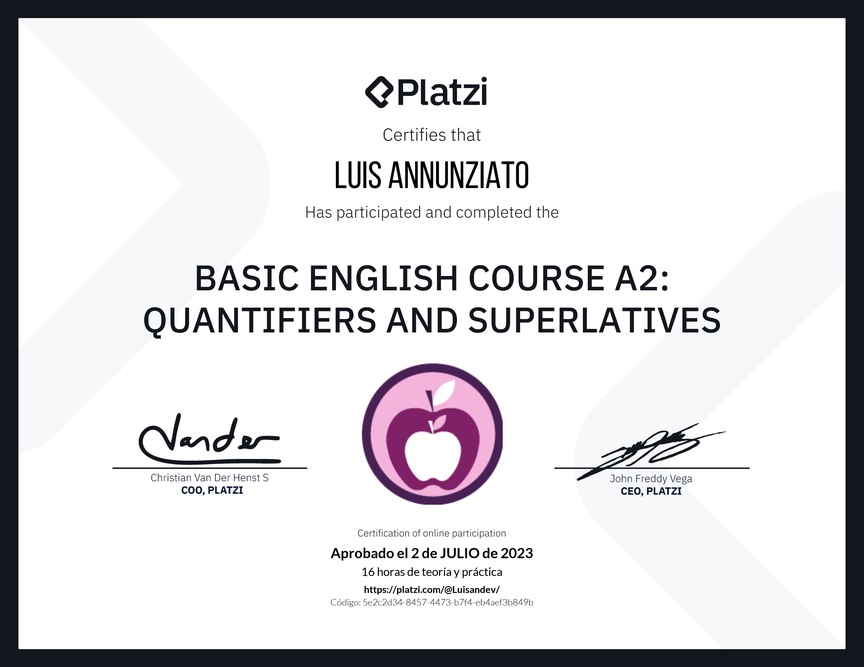 Diploma del Curso de Inglés Básico A2: Cuantificadores y Superlativos