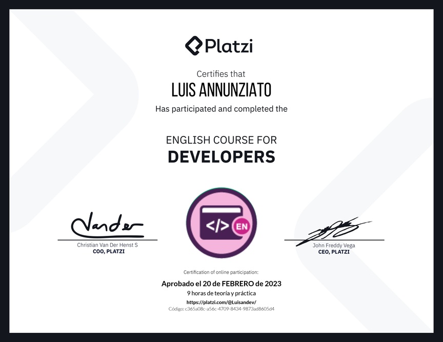 Diploma del Curso de Inglés para Programadores