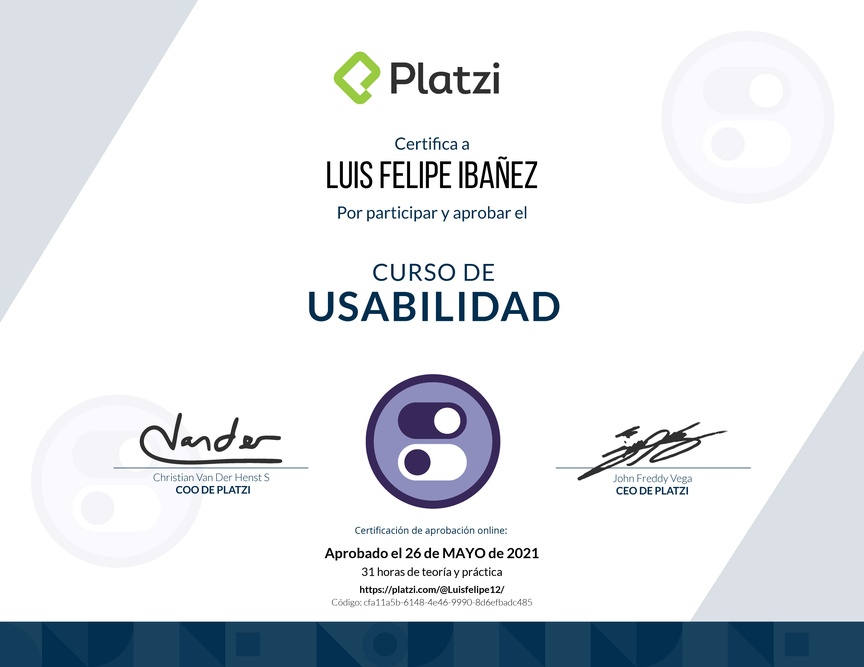 Diploma del Curso de Usabilidad: Principios, Pruebas y Herramientas Avanzadas