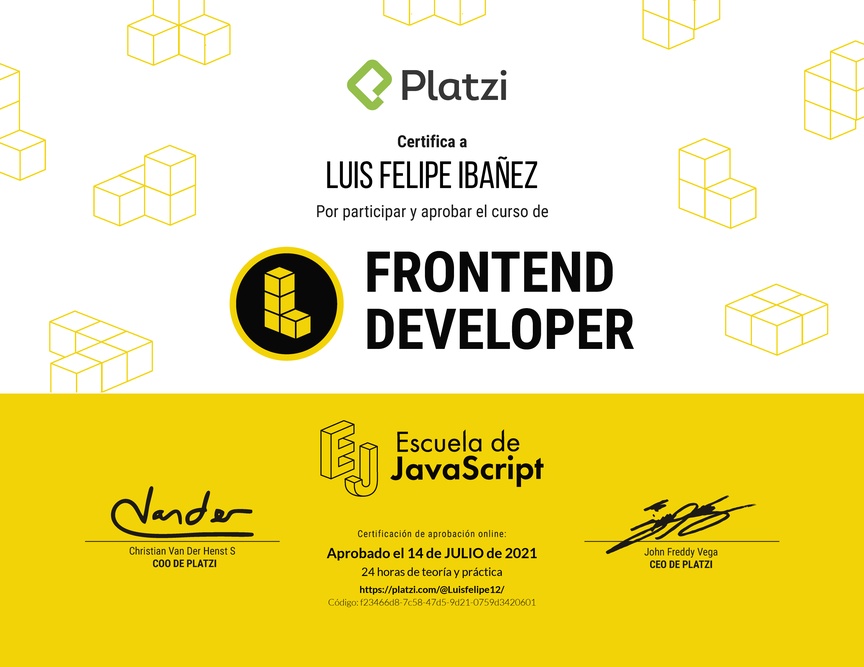 Diploma del Curso de Frontend Developer 2019