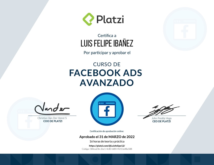 Diploma del Curso de Facebook Ads Avanzado