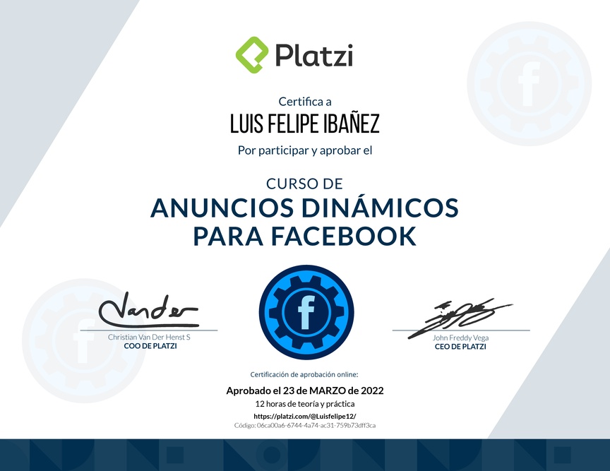 Diploma del Curso de Anuncios Dinámicos para Facebook