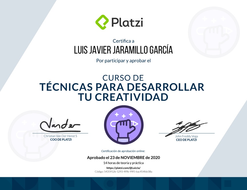 Diploma del Curso para Desarrollar tu Creatividad: Técnicas y Hábitos