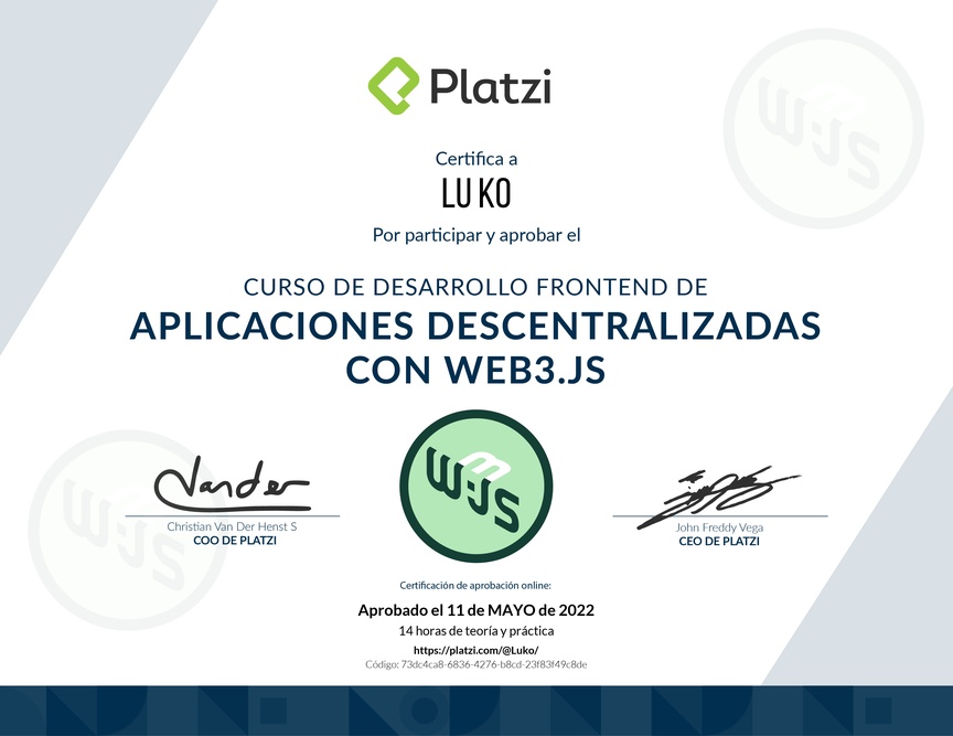 Diploma del Curso de Desarrollo Frontend de Aplicaciones Descentralizadas con Web3.Js