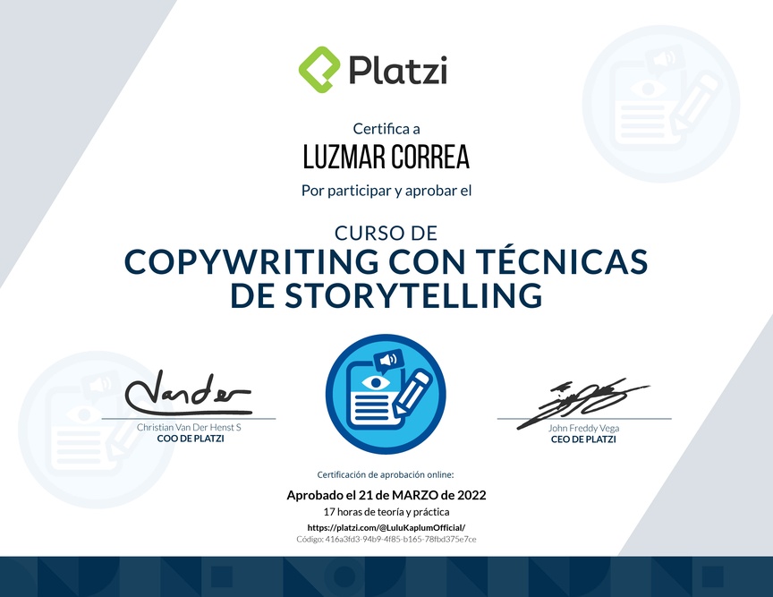 Diploma del Curso de Copywriting con Técnicas de Storytelling