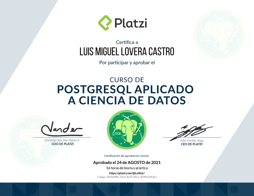 Diploma del Curso de PostgreSQL Aplicado a Ciencia de Datos