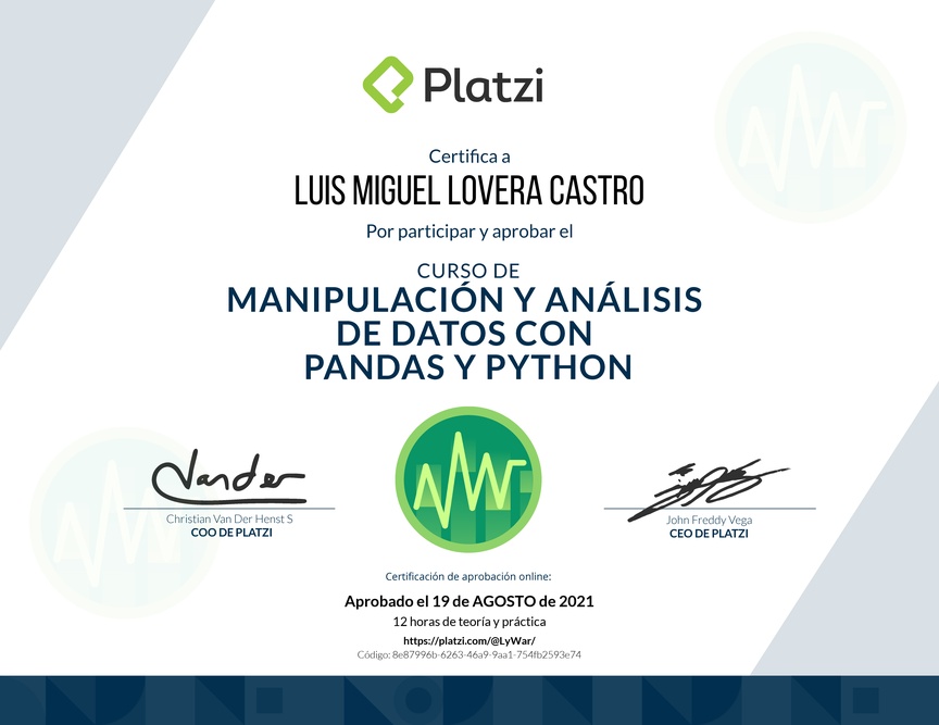 Diploma del Curso de Manipulación y Análisis de Datos con Pandas y Python
