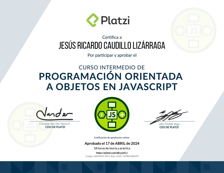 Diploma del Curso Intermedio de Programación Orientada a Objetos en JavaScript