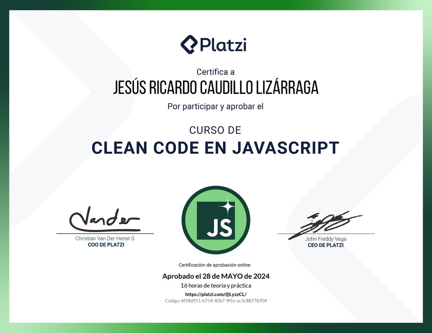 Diploma del Curso de Clean Code y Buenas Prácticas con JavaScript