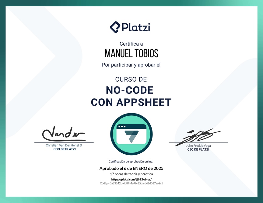Diploma del Curso de No-Code con Appsheet