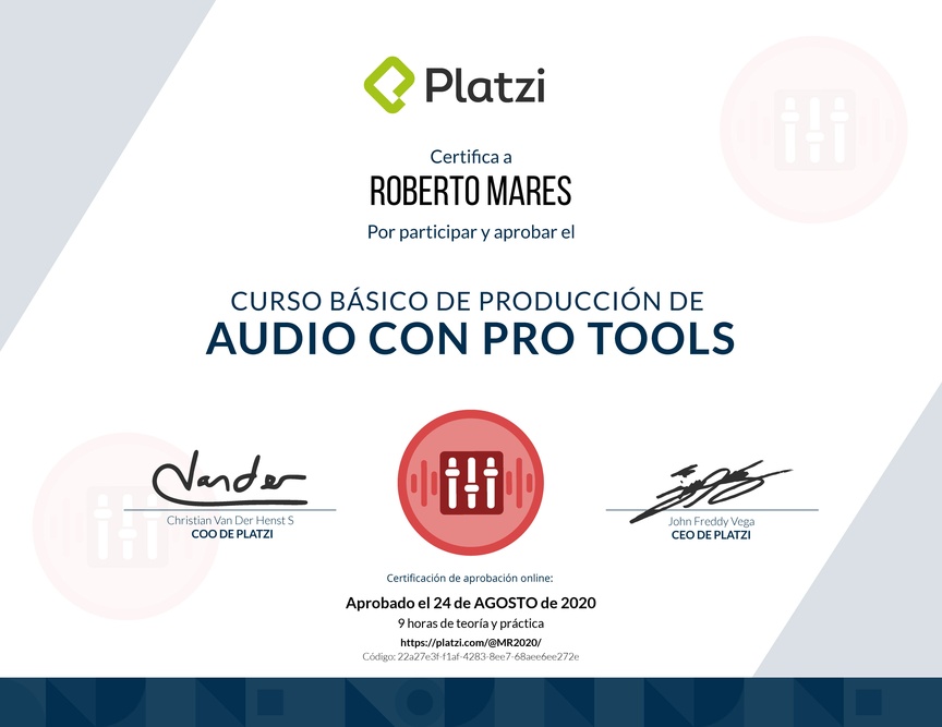 Diploma del Curso Básico de Producción de Audio con Pro Tools 2018